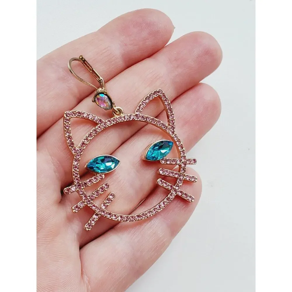 Betsey Johnson Women's Pink Stone Open Cat Face Drop Earrings Fashion Jewelry